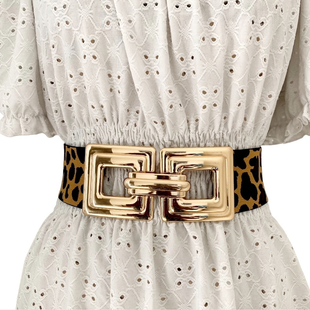Leopard stretch elastic wide waist Belt gold square buckle animal print Mob wife